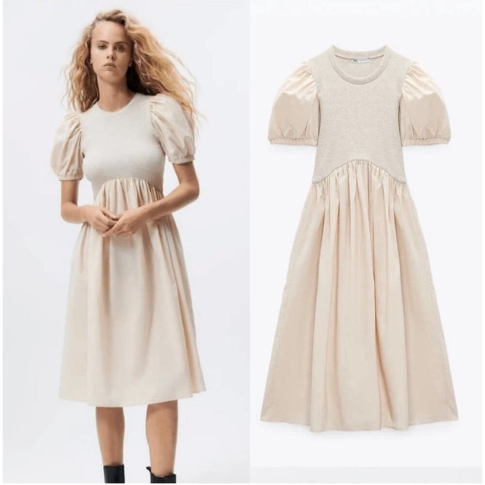Zara Women’s Size XS Combination Puff Sleeve Midi Dress Tan Cotton Scandinavian